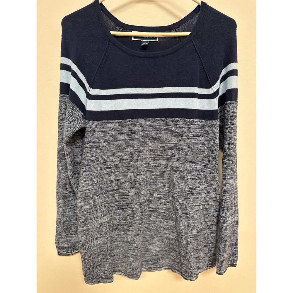 Karen Scott Navy Grey Striped Colorblock Knit Sweater Small Raglan Scoop Neck